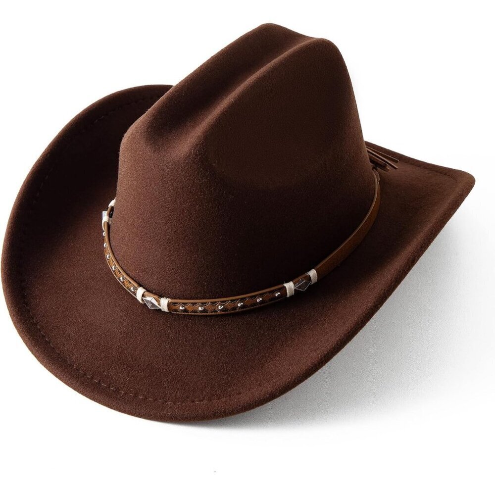 Women's Brown Western Studded Leather Accent Band Classic Fedora Felt Cowboy Hat